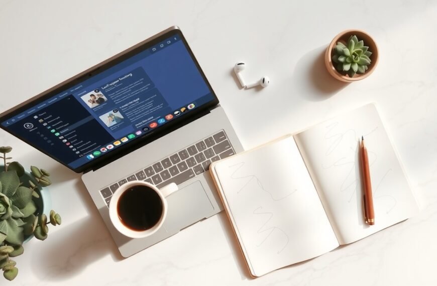 프롬프트 엔지니어링 - flat lay of laptop with ChatGPT interface and notebook on white desk, prompt engineering concept, overhead view