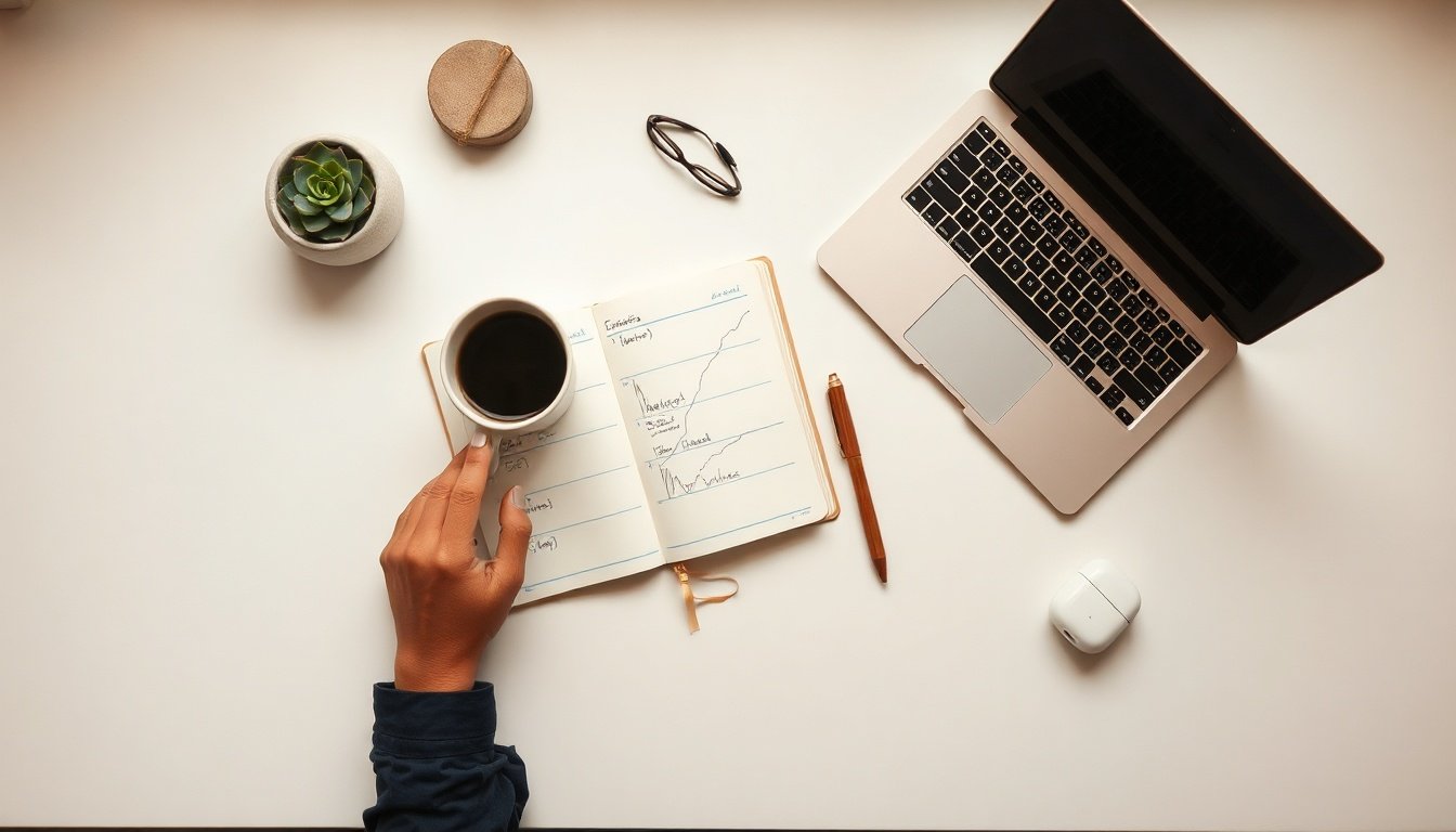 금리 전망 - Korean small business owner upper body shot with face visible, reviewing financial documents at desk, natural hands, interest rate strategy concept