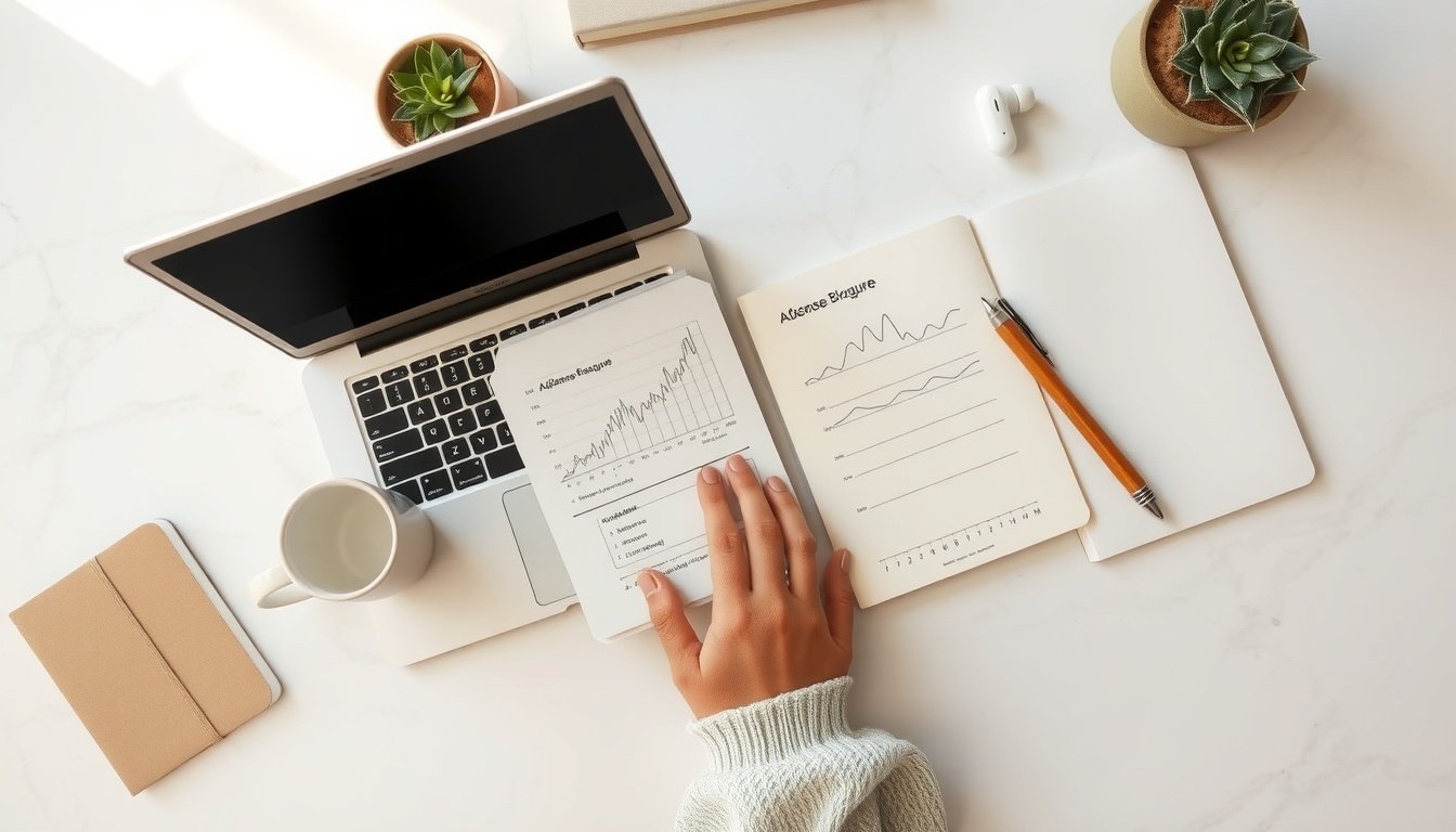 애드센스 수익 - Korean blogger upper body shot with face visible, analyzing AdSense revenue charts on laptop screen, natural hands, home office background