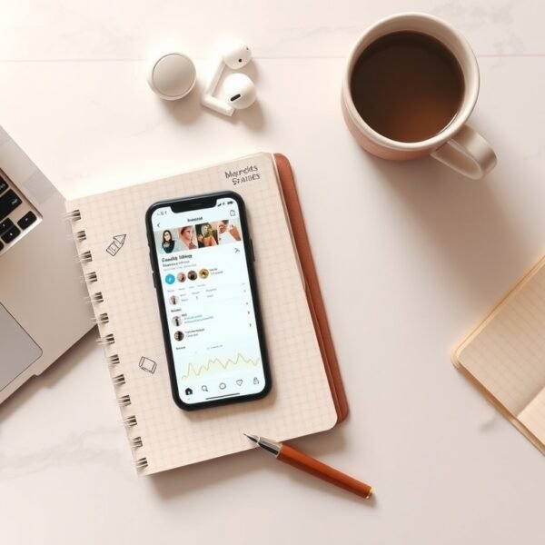 인플루언서 마케팅 - flat lay of smartphone showing social media influencer feed with analytics dashboard and brand products on white desk, influencer marketing concept