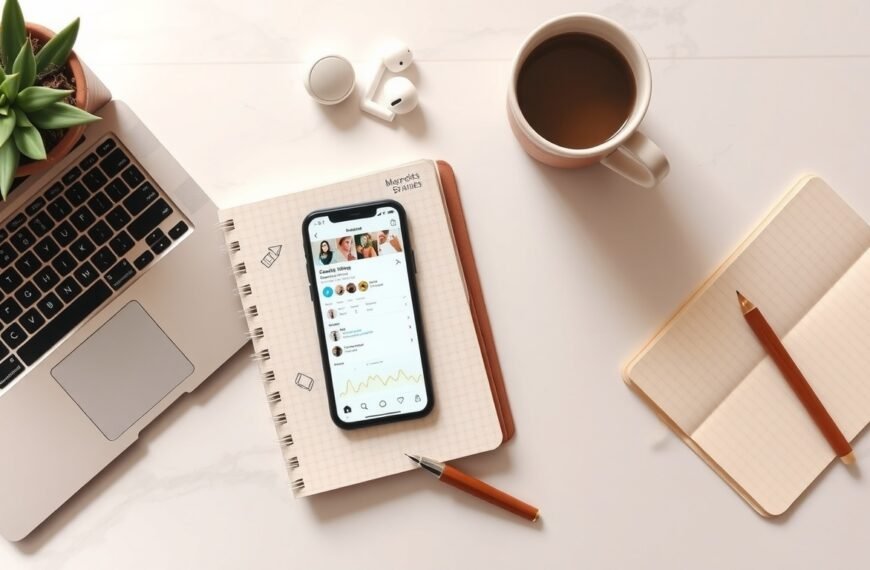 인플루언서 마케팅 - flat lay of smartphone showing social media influencer feed with analytics dashboard and brand products on white desk, influencer marketing concept