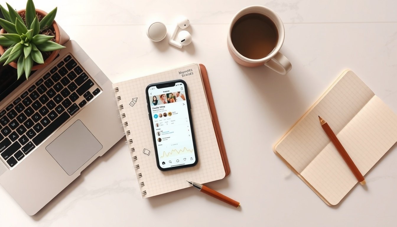 인플루언서 마케팅 - flat lay of smartphone showing social media influencer feed with analytics dashboard and brand products on white desk, influencer marketing concept