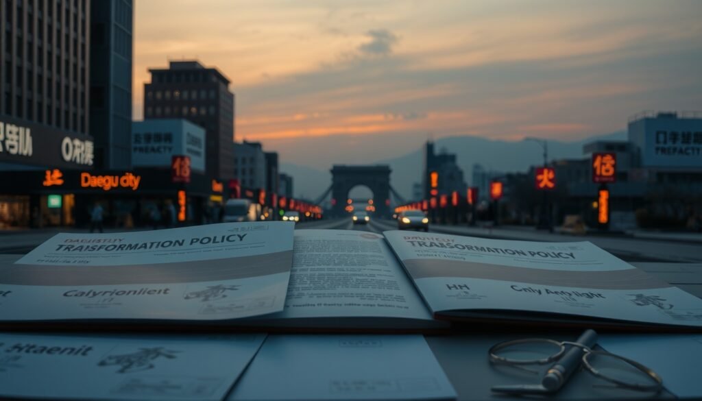 대구시 산업전환 - flat lay of Daegu city industrial transformation policy documents and Korean government support brochure on white desk, overhead view