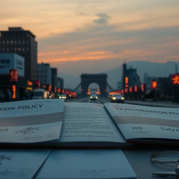 대구시 산업전환 - flat lay of Daegu city industrial transformation policy documents and Korean government support brochure on white desk, overhead view