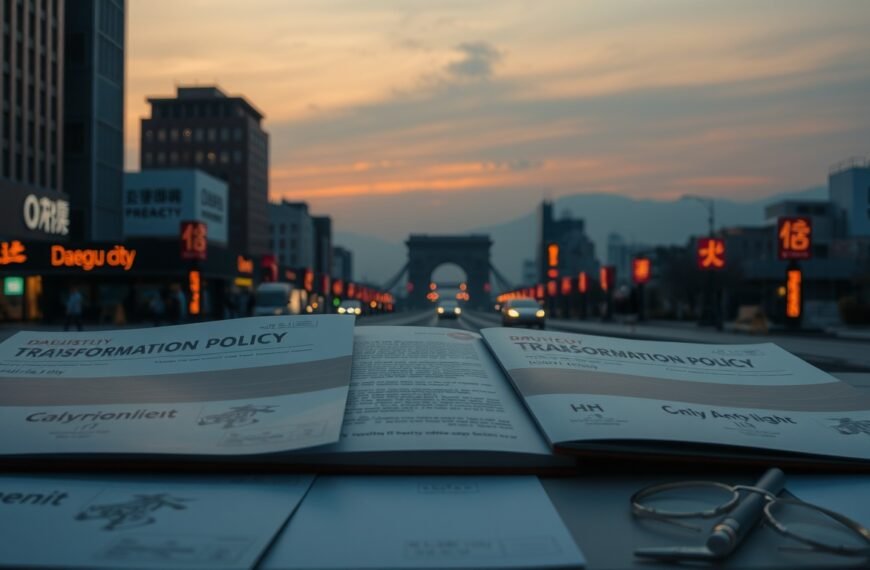 대구시 산업전환 - flat lay of Daegu city industrial transformation policy documents and Korean government support brochure on white desk, overhead view