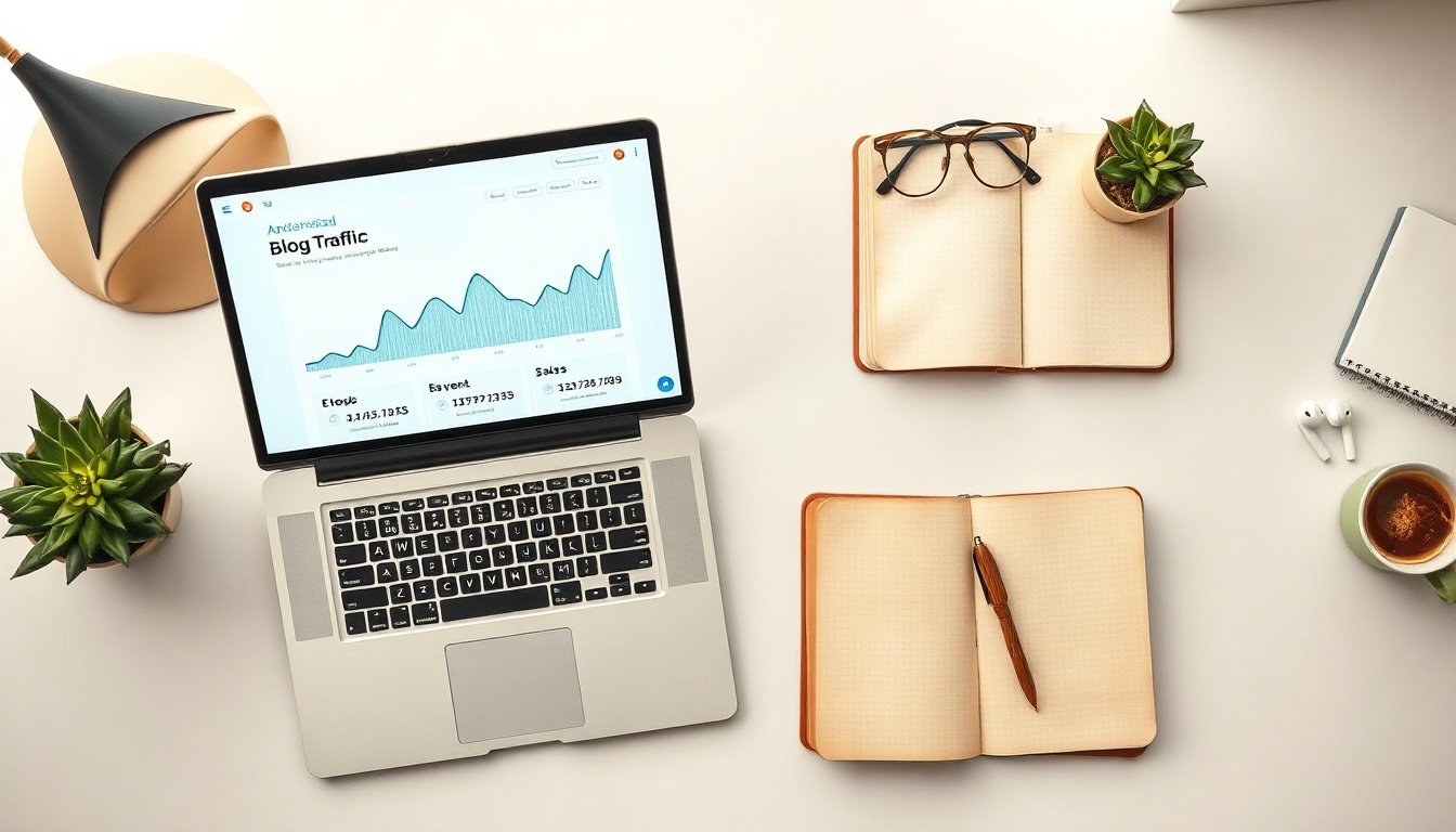 블로그 방문자 늘리기 - flat lay of analytics dashboard on laptop screen showing blog traffic growth chart, SEO blog visitor increase concept