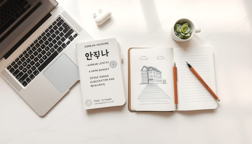 주택청약 - flat lay of Korean housing subscription passbook and apartment model on white desk, housing subscription concept