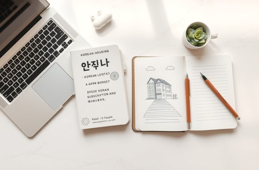 주택청약 - flat lay of Korean housing subscription passbook and apartment model on white desk, housing subscription concept