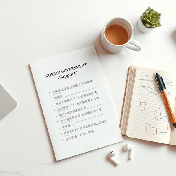 근로장려금 - flat lay of Korean government support document and calculator on white desk, earned income tax credit concept