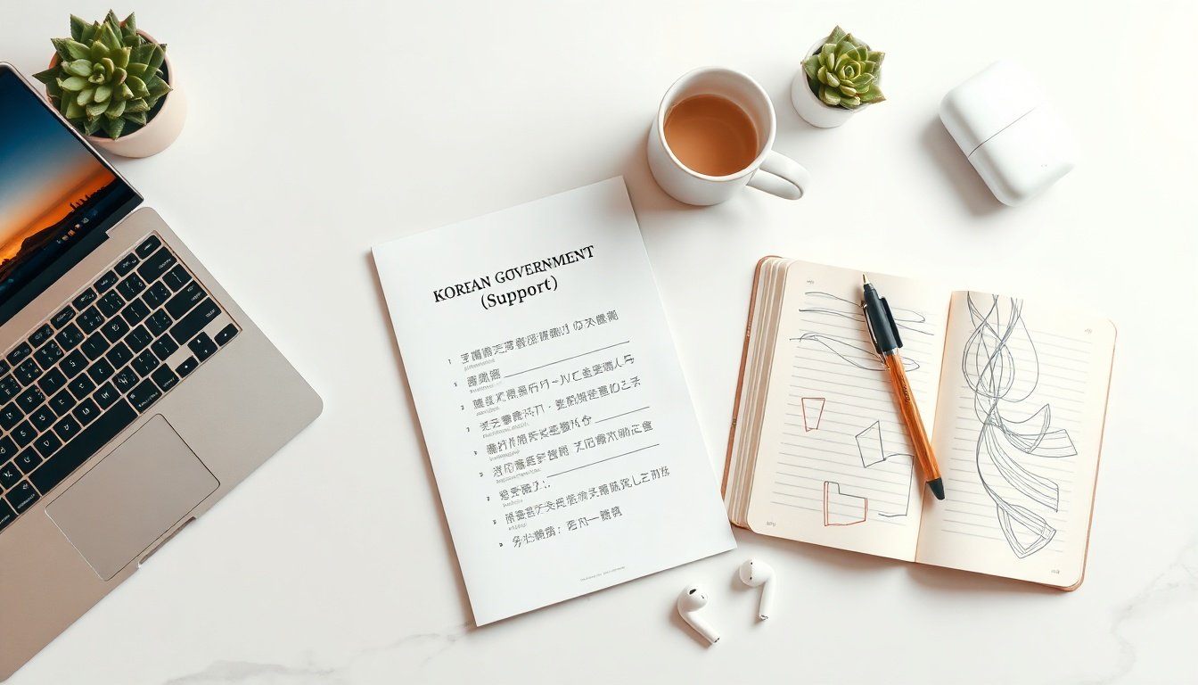 근로장려금 - flat lay of Korean government support document and calculator on white desk, earned income tax credit concept