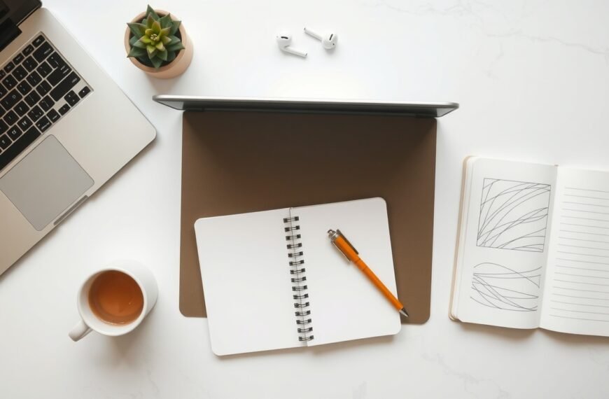 정의선의 사다리 - flat lay of startup business plan notebook, laptop, and pen on clean white desk, Korean youth entrepreneurship support program concept