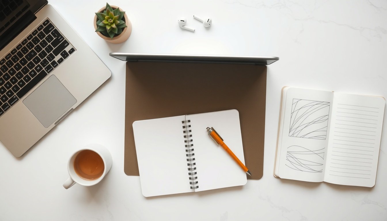 정의선의 사다리 - flat lay of startup business plan notebook, laptop, and pen on clean white desk, Korean youth entrepreneurship support program concept