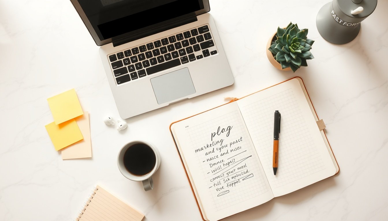 블로그 마케팅 - flat lay of blog marketing planning materials including sticky notes, laptop, and smartphone on desk with success growth chart