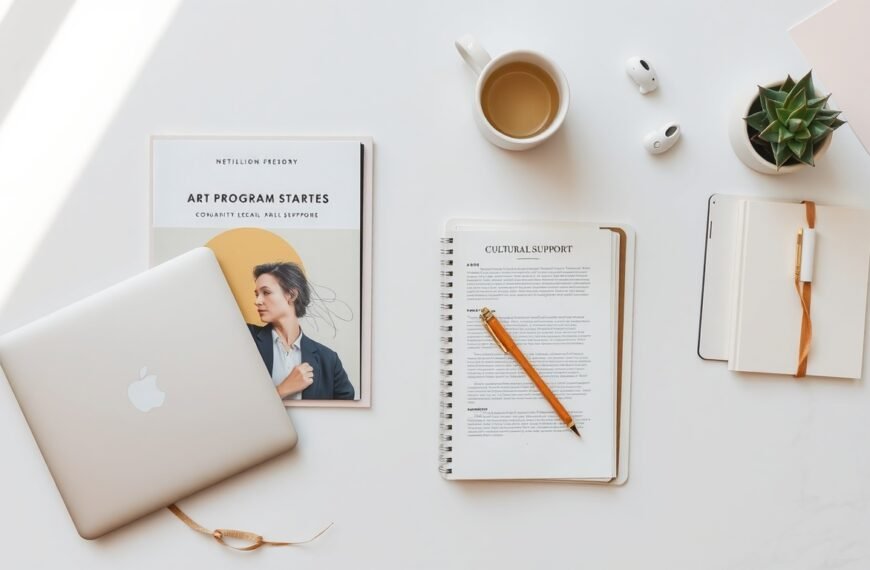 메세나브리핑 아트센터 - flat lay of art program brochures and cultural support documents on white desk, mecenat art center concept