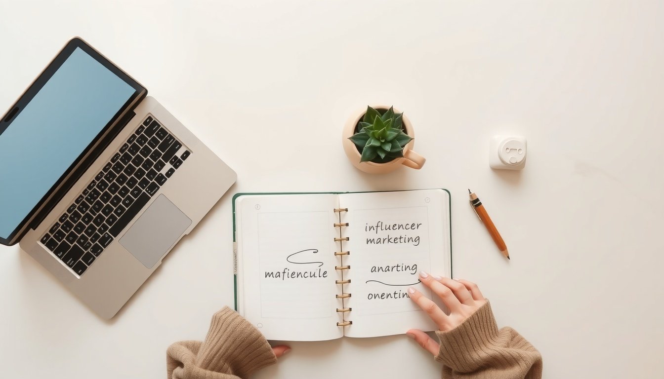 인플루언서 마케팅 - Korean woman upper body shot with face visible, reviewing influencer marketing analytics on laptop screen in bright office, natural hands