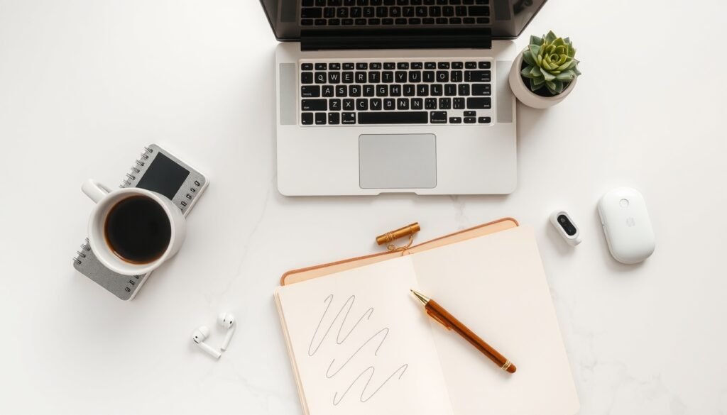 블로그 수익화 - flat lay of laptop, notebook, and coffee cup on white desk, blog monetization strategy concept 2026