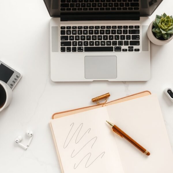블로그 수익화 - flat lay of laptop, notebook, and coffee cup on white desk, blog monetization strategy concept 2026