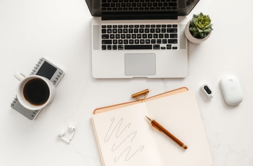 블로그 수익화 - flat lay of laptop, notebook, and coffee cup on white desk, blog monetization strategy concept 2026