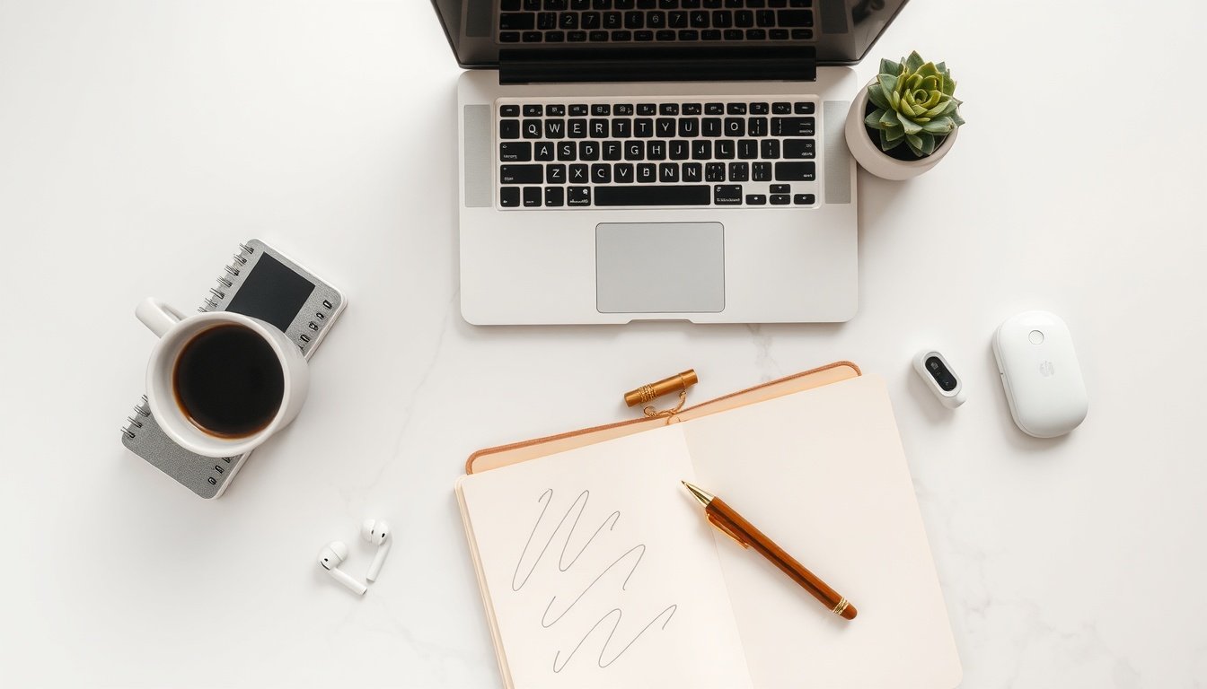 블로그 수익화 - flat lay of laptop, notebook, and coffee cup on white desk, blog monetization strategy concept 2026