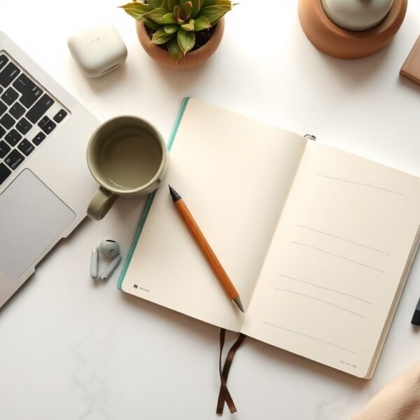구광모의 사다리 - flat lay of startup notebook, LG logo concept, youth entrepreneurship support program overview on white desk