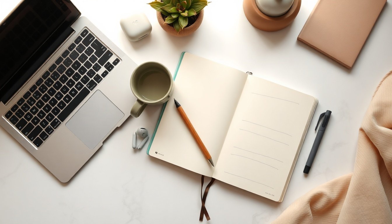 구광모의 사다리 - flat lay of startup notebook, LG logo concept, youth entrepreneurship support program overview on white desk