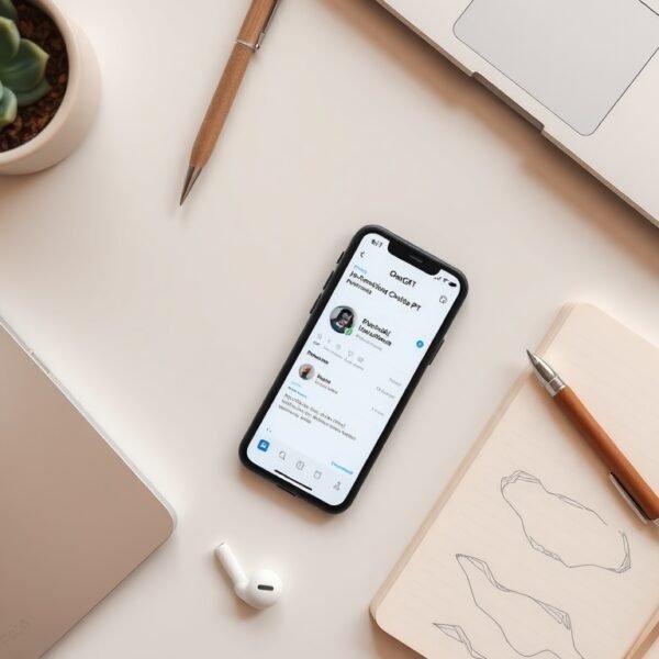 오픈AI - flat lay of smartphone displaying OpenAI ChatGPT interface on white desk with notebook and pen, AI technology concept