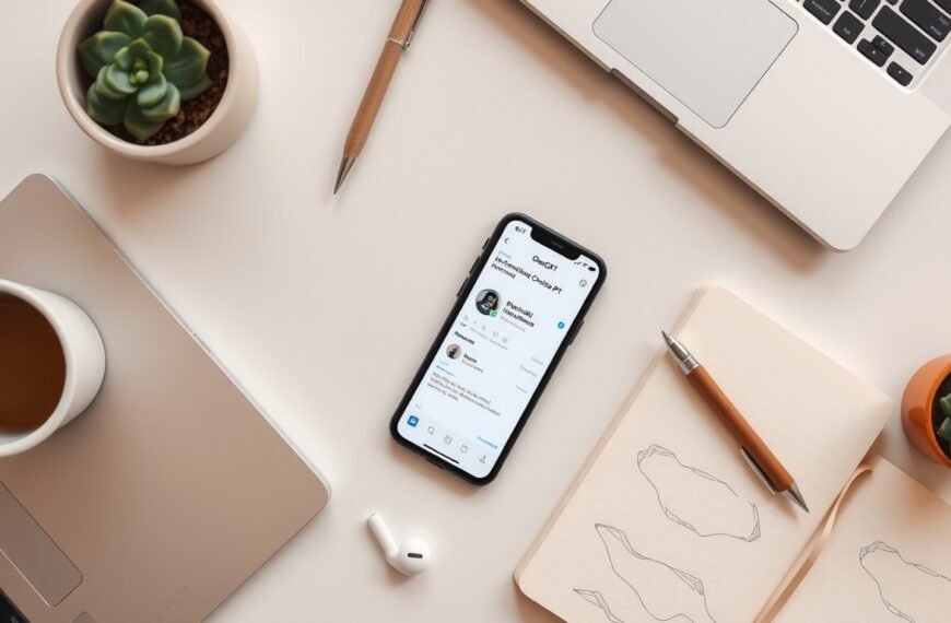 오픈AI - flat lay of smartphone displaying OpenAI ChatGPT interface on white desk with notebook and pen, AI technology concept