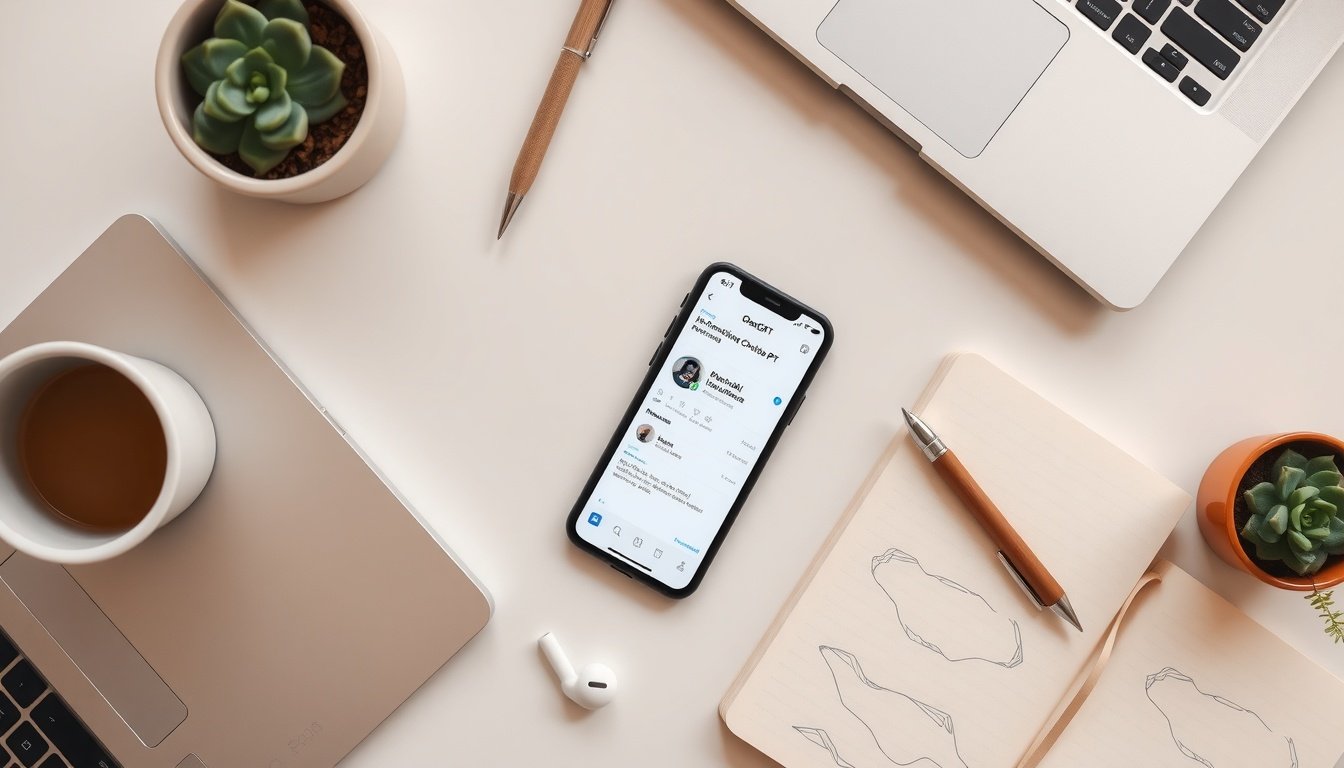 오픈AI - flat lay of smartphone displaying OpenAI ChatGPT interface on white desk with notebook and pen, AI technology concept