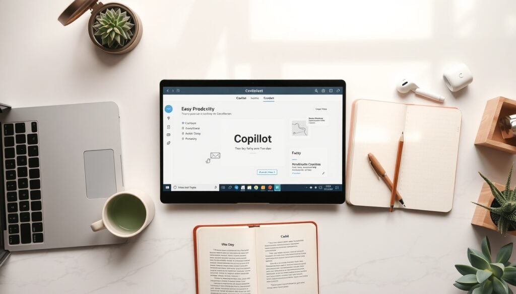 코파일럿 - flat lay of laptop screen showing Microsoft Copilot interface with productivity icons on white desk, AI copilot concept