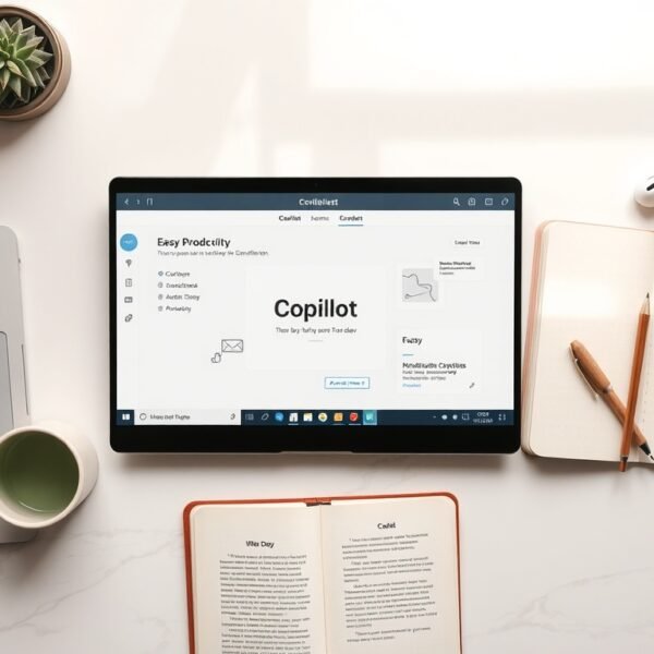 코파일럿 - flat lay of laptop screen showing Microsoft Copilot interface with productivity icons on white desk, AI copilot concept