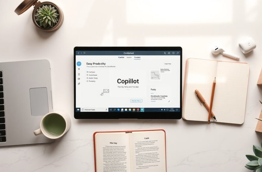 코파일럿 - flat lay of laptop screen showing Microsoft Copilot interface with productivity icons on white desk, AI copilot concept