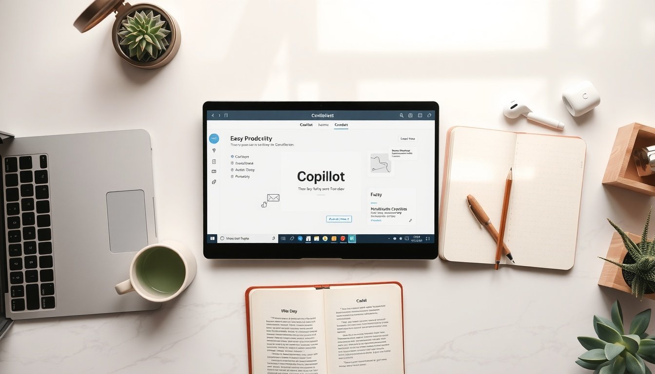 코파일럿 - flat lay of laptop screen showing Microsoft Copilot interface with productivity icons on white desk, AI copilot concept