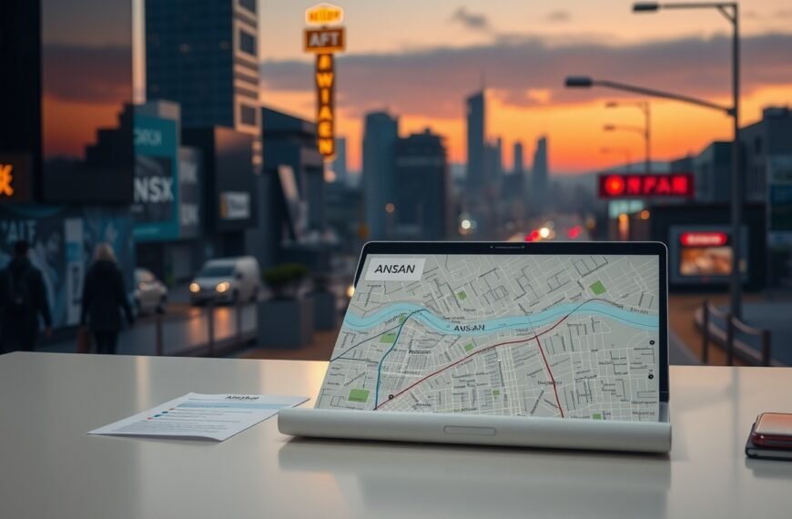 안산 연속특집 - flat lay of startup business plan, laptop, and city map of Ansan on white desk, youth entrepreneurship concept