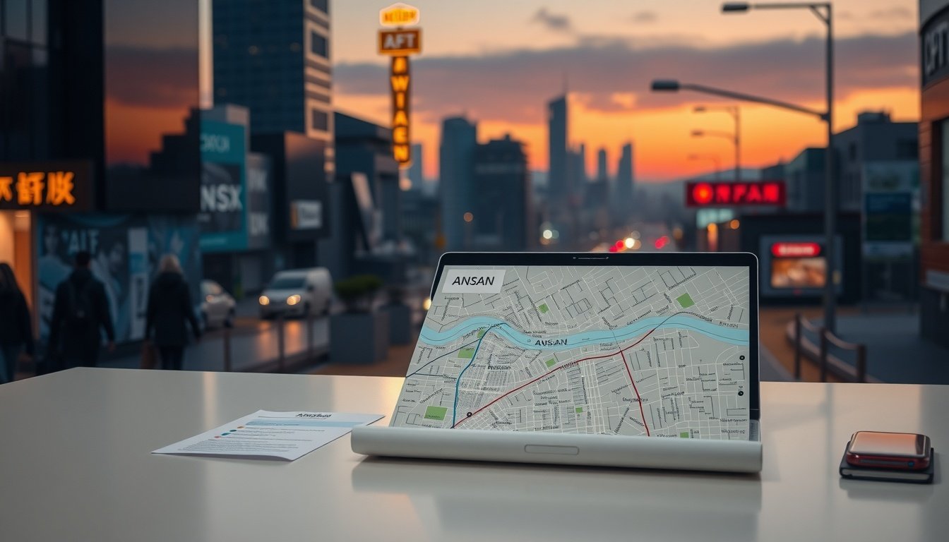 안산 연속특집 - flat lay of startup business plan, laptop, and city map of Ansan on white desk, youth entrepreneurship concept