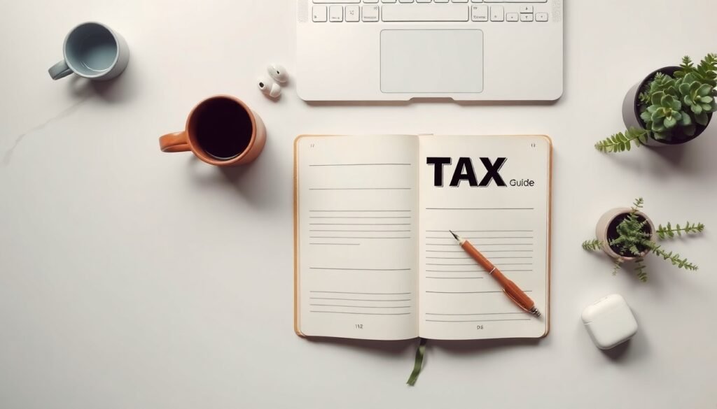 박훈 서울시립대 - flat lay of tax book and notebook on white desk, Korean tax guide concept with pen and calculator