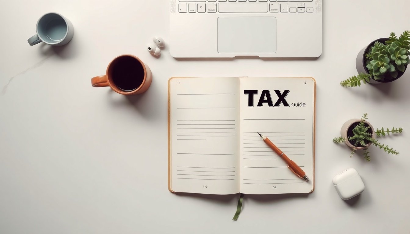 박훈 서울시립대 - flat lay of tax book and notebook on white desk, Korean tax guide concept with pen and calculator