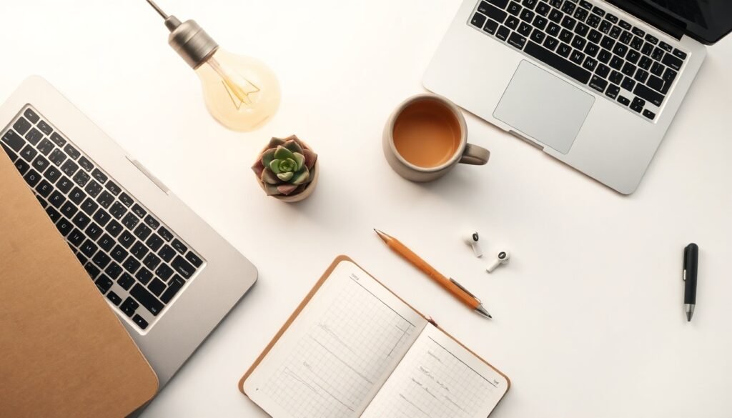 한난 미래 - flat lay of energy startup concept with lightbulb, documents, and laptop on white desk, Korean future energy business support program