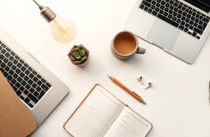 한난 미래 - flat lay of energy startup concept with lightbulb, documents, and laptop on white desk, Korean future energy business support program