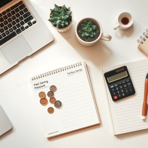 적금 추천 - flat lay of Korean bank savings account passbook, coins and calculator on white desk, high interest savings product concept