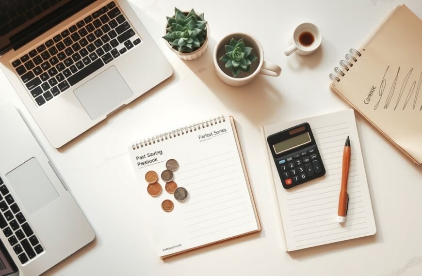적금 추천 - flat lay of Korean bank savings account passbook, coins and calculator on white desk, high interest savings product concept