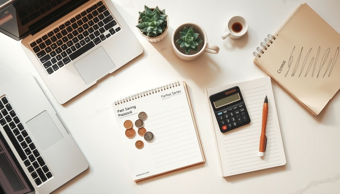 적금 추천 - flat lay of Korean bank savings account passbook, coins and calculator on white desk, high interest savings product concept