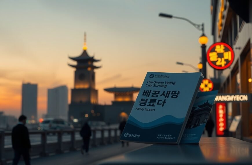 광명시 생애주기 - flat lay of Gwangmyeong city policy documents and family support brochure on white desk, lifecycle population policy concept