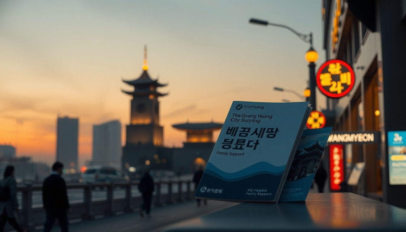 광명시 생애주기 - flat lay of Gwangmyeong city policy documents and family support brochure on white desk, lifecycle population policy concept