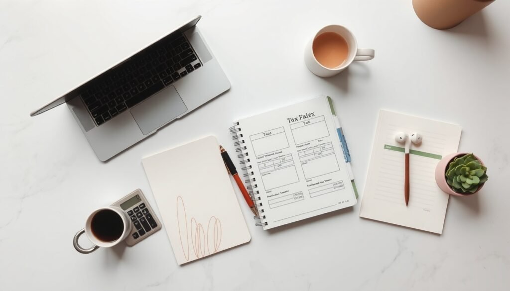 연말정산 - flat lay of tax documents, calculator, and pen on white desk, year-end tax settlement concept