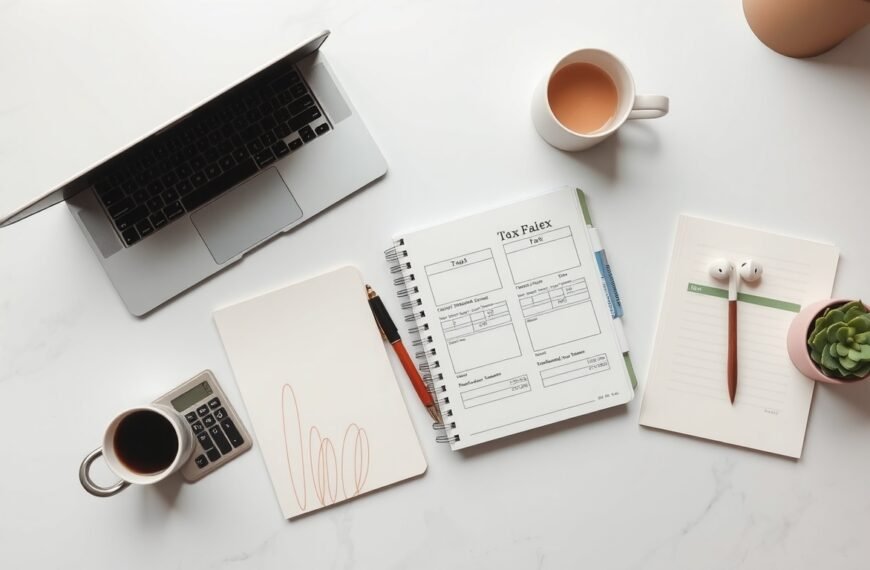 연말정산 - flat lay of tax documents, calculator, and pen on white desk, year-end tax settlement concept