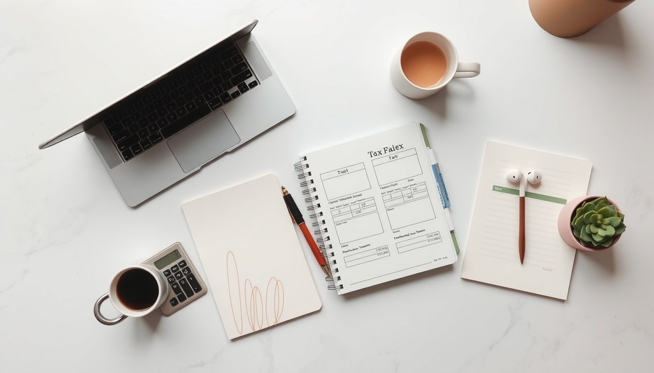 연말정산 - flat lay of tax documents, calculator, and pen on white desk, year-end tax settlement concept