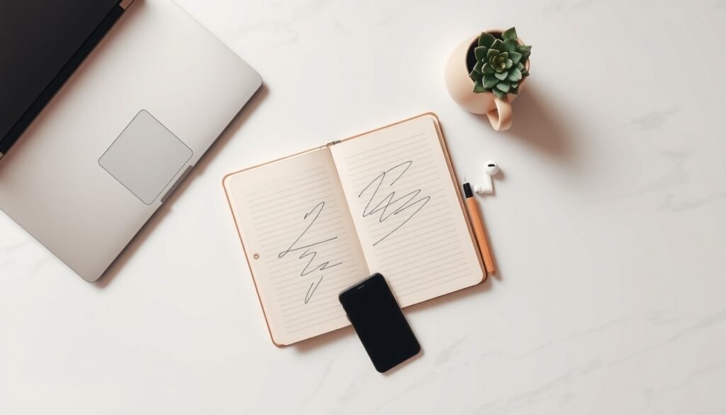 온라인 창업 - flat lay of laptop, notebook, and smartphone on white desk, online startup business concept 2026
