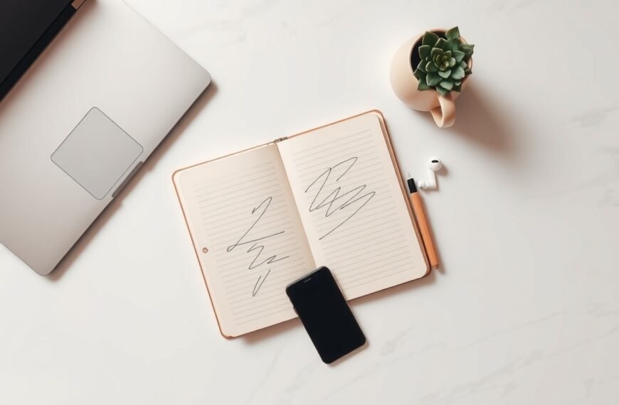 온라인 창업 - flat lay of laptop, notebook, and smartphone on white desk, online startup business concept 2026
