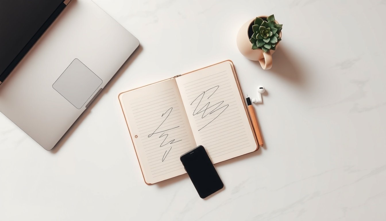온라인 창업 - flat lay of laptop, notebook, and smartphone on white desk, online startup business concept 2026