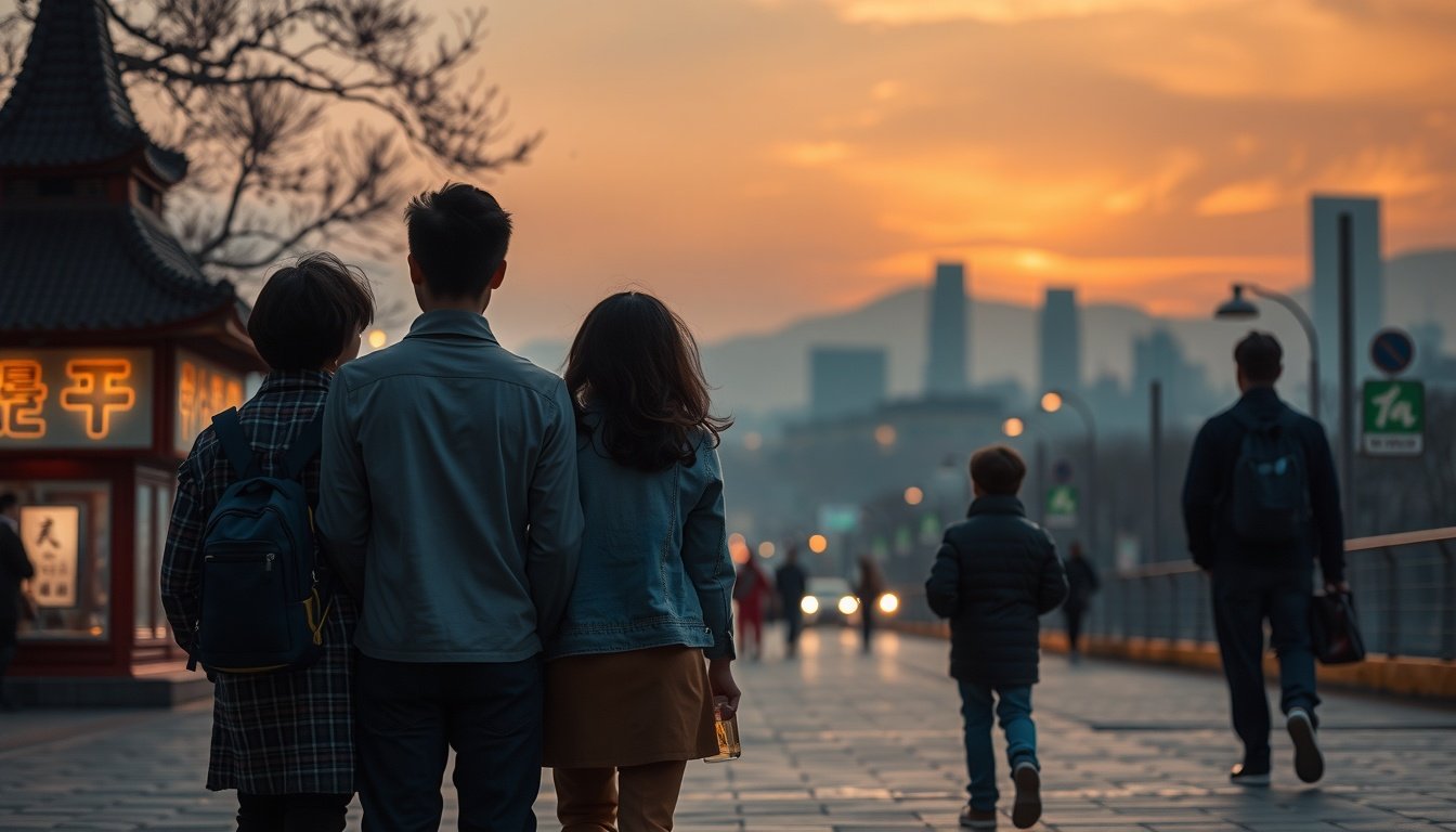 광명시 생애주기 - Korean family with parents and children, full body shot with face visible, standing in front of Gwangmyeong city hall, lifecycle support policy concept